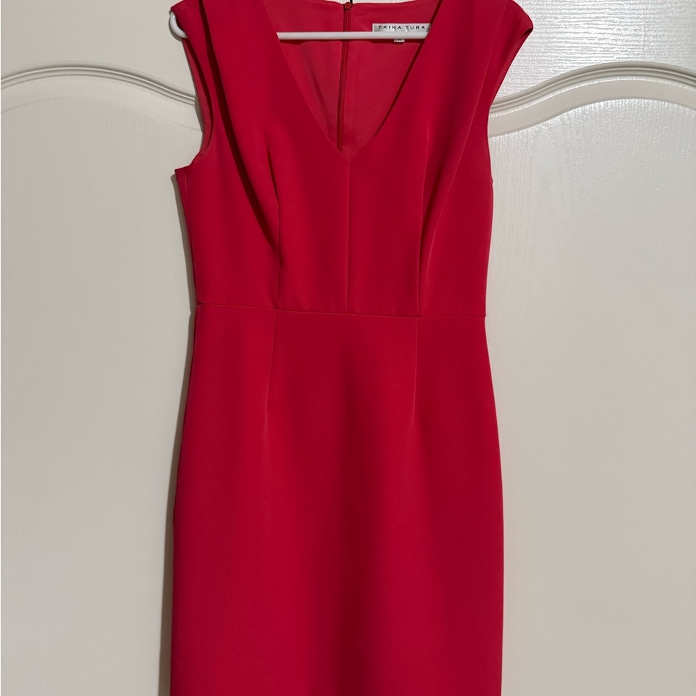 Trina Turk Bright Red V-Neck Midi Sheath Dress